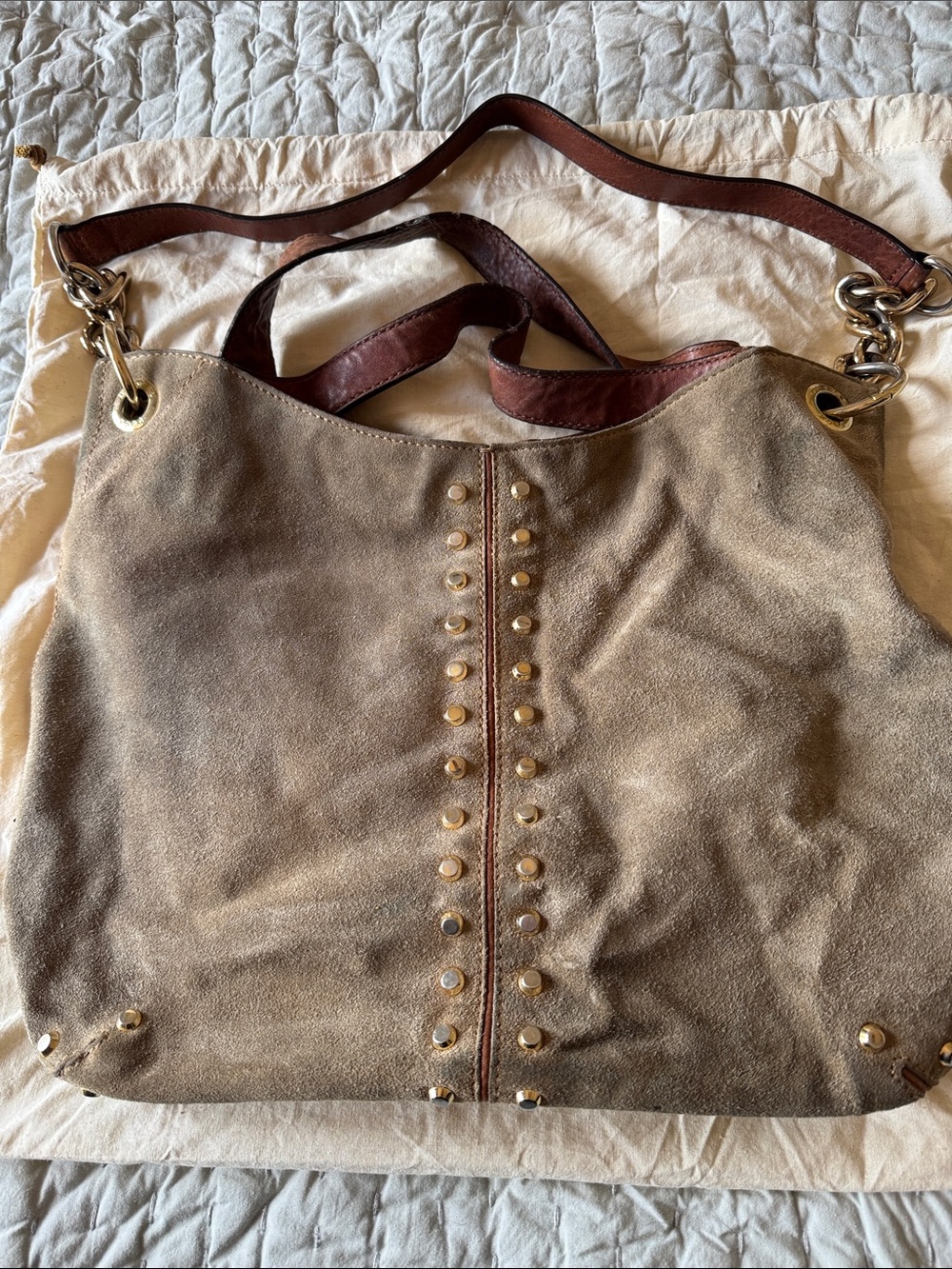 Michael Kors Suede Stud-Accent Shoulder Bag in Taupe and Brown